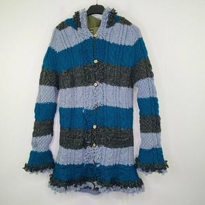 Jayli Women Large Sweater Blue Gray Striped Fleece Lined Hooded Button Up Hippy